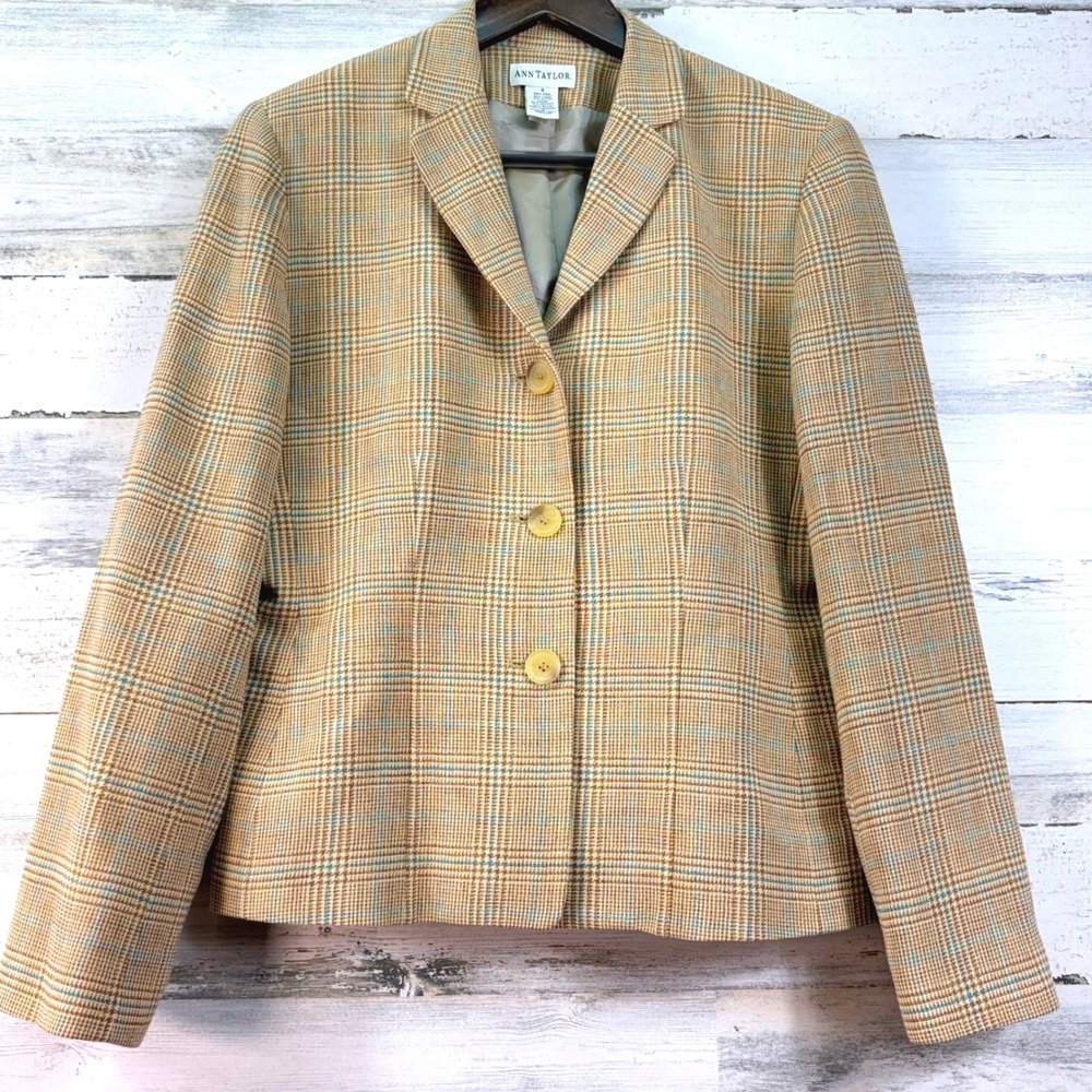 Ann Taylor Womens Brown Tan Plaid Wool Linen Blend 3 Button Blazer Jacket Size 8 - Picture 2 of 12